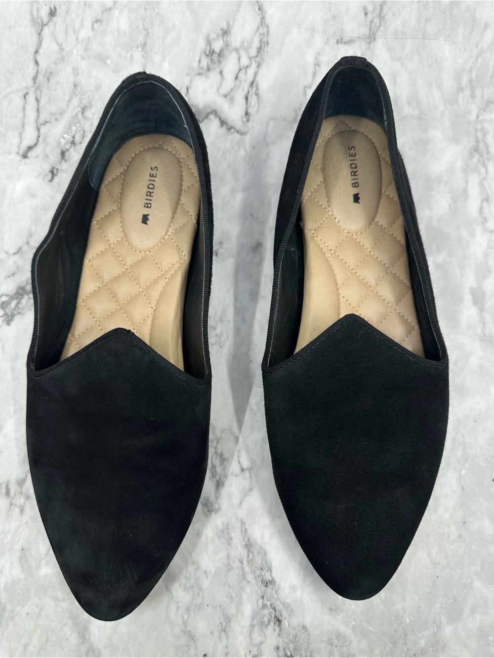 Birdies Black Suede Pointed-Toe Quilted-Insole Flats